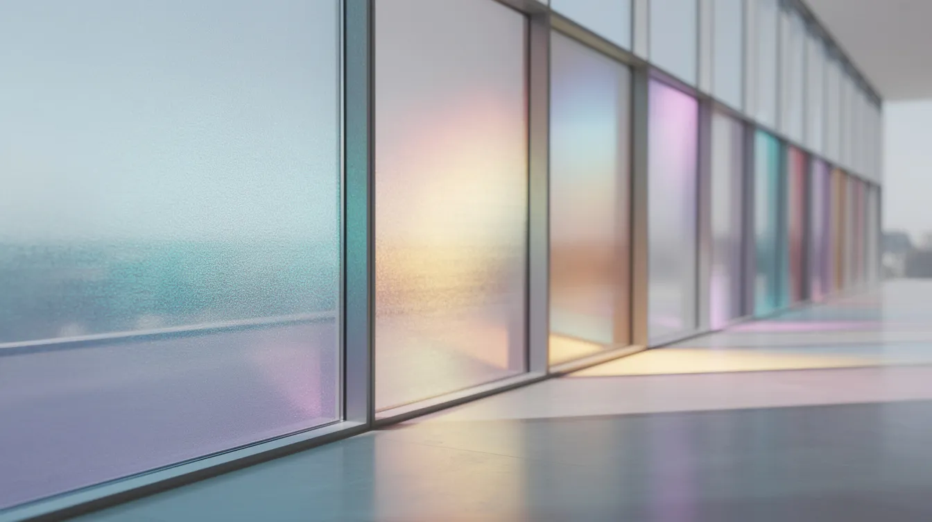 The image showcases a glass window adorned with dichroic film, where light interacts with the surface to create a stunning spectrum of colors that shift from cool tones to warm tones at various angles. This decorative application not only enhances the aesthetic appeal of the glass but also demonstrates the fascinating properties of dichroic glass, making it a captivating focal point in any space.