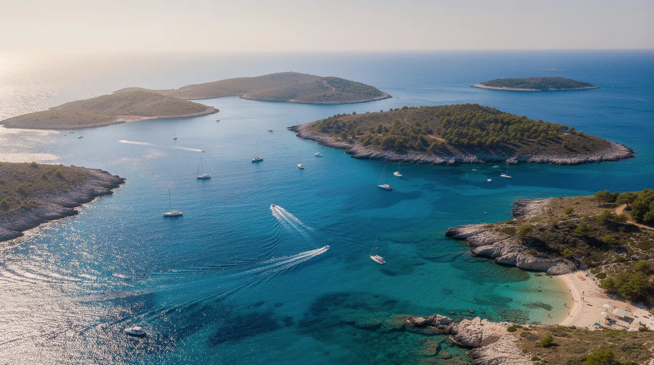 Vista aérea deslumbrante das ilhas croatas, com suas águas turquesa cristalinas e barcos navegando entre elas, destacando a beleza natural da região mediterrânea. Essa paisagem é um convite para explorar o turismo e a cultura croata.