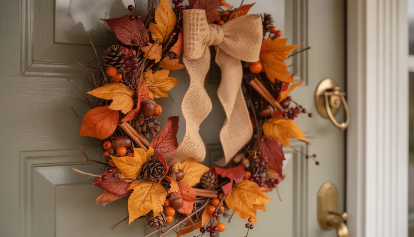 Een herfstkrans in warme kleurtinten hangt aan een voordeur, wat een uitnodigende sfeer creëert. Deze decoratie is een mooie persoonlijke touch voor de hal en verwelkomt gasten met een warm welkom.