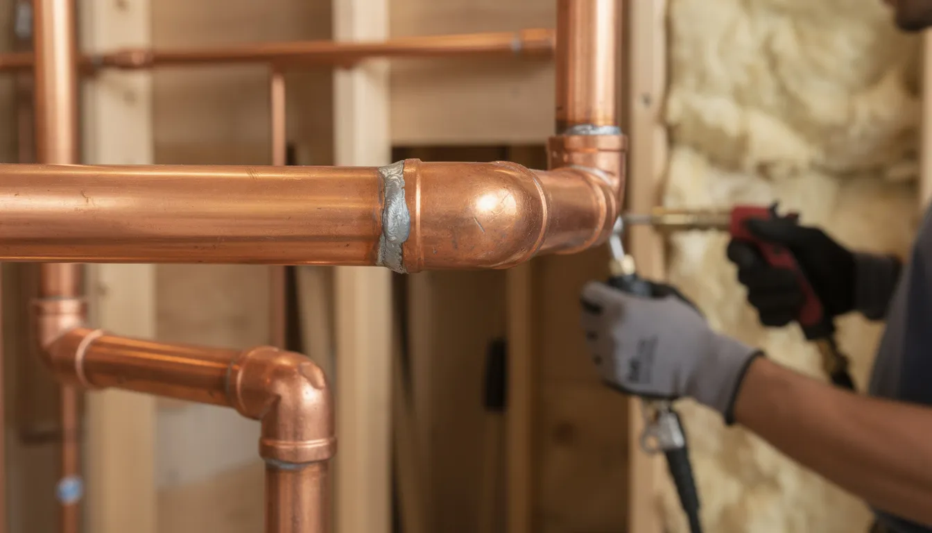 A close-up view of newly installed copper pipes during a home repiping project, showcasing the professional plumbing services being performed. The image emphasizes the importance of reliable plumbing solutions for maintaining efficient plumbing systems in Mesa, Arizona.
