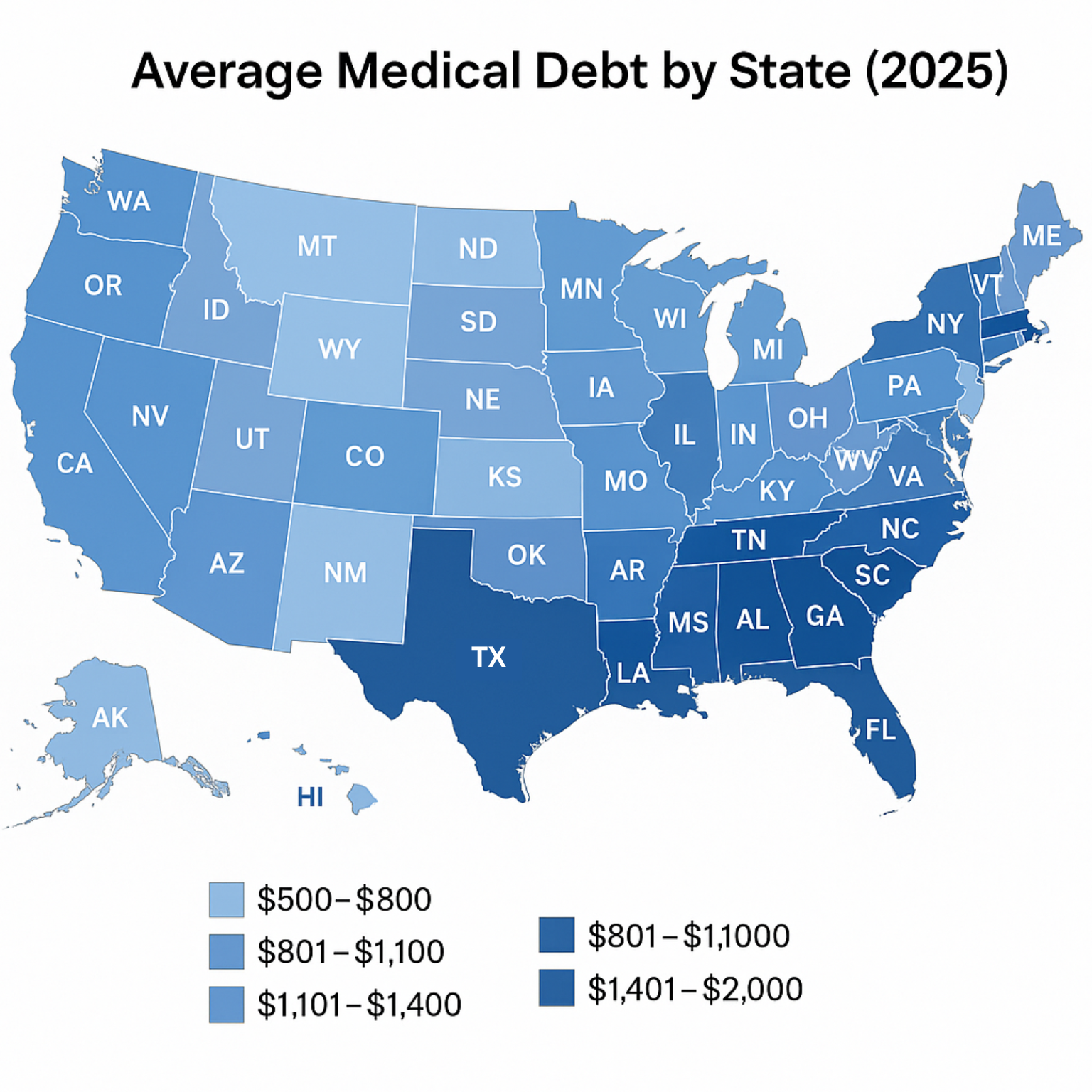 U.S. heat map showing average medical debt by state in 2025, with a gradient color scale from light (low debt) to dark (high debt).