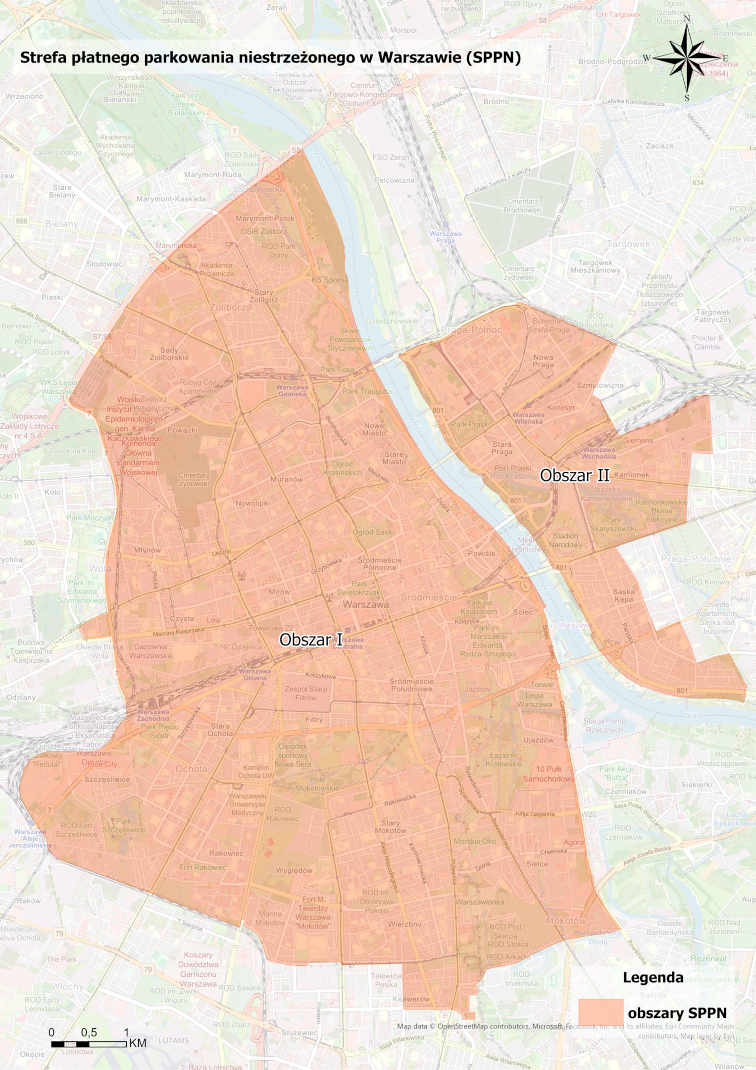 Strefa płatnego parkowania Warszawa - mapa