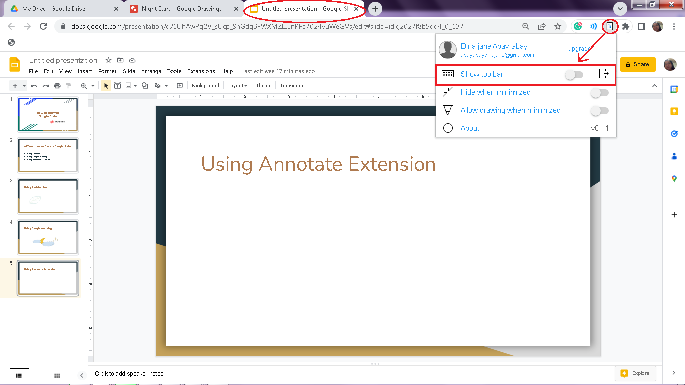 After you log-in your account, Go back to your Google Slides and click the icon for Annotate then select "show toolbar"