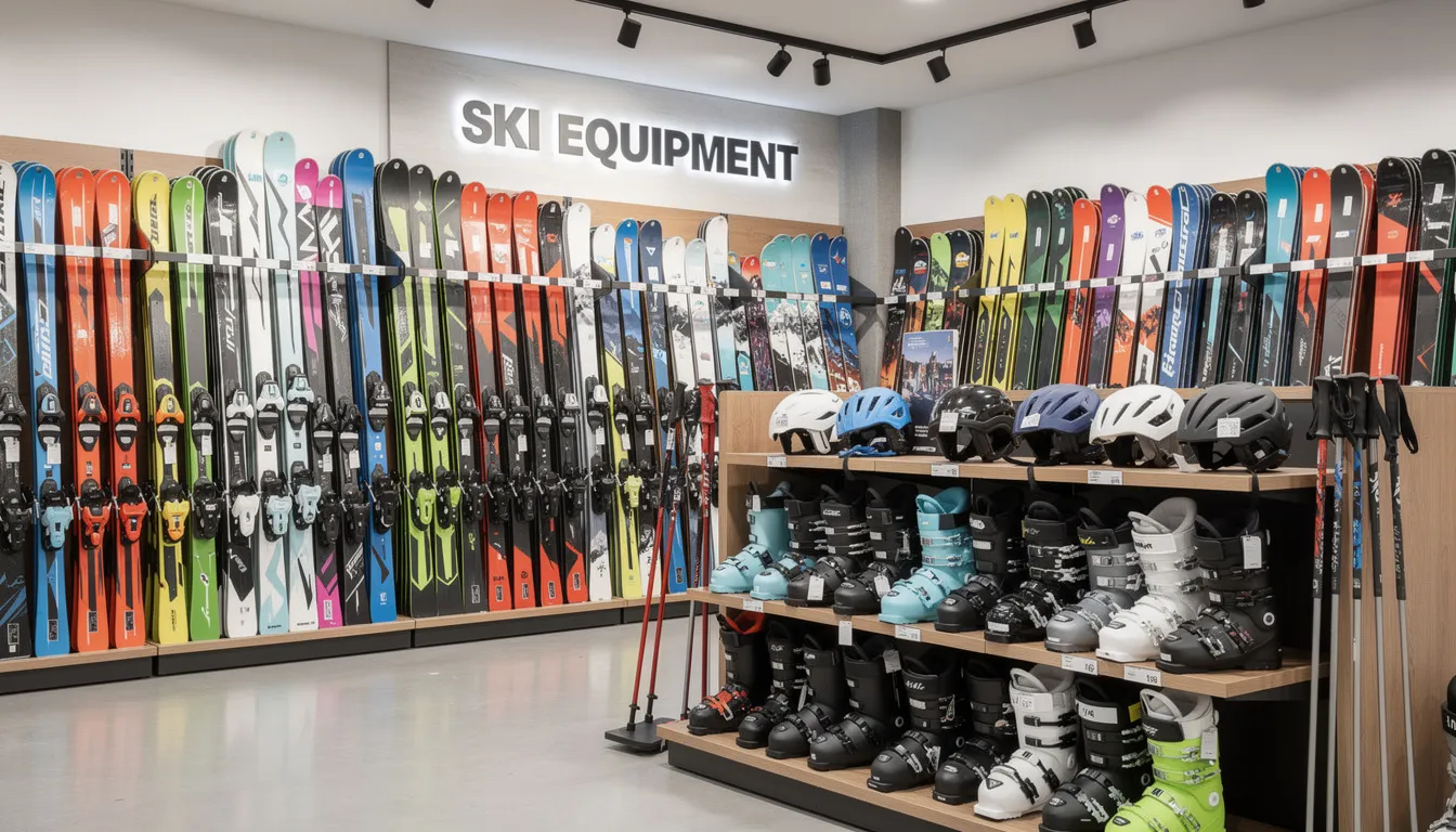 In einem Sportgeschäft in Stuttgart sind verschiedene Skiausrüstungen ausgestellt, darunter Skier und Skischuhe in unterschiedlichen Größen auf Regalen. Die Auswahl umfasst auch Snowboards und Zubehör, ideal für Wintersportler, die nach hochwertiger Ausrüstung suchen oder diese ausleihen möchten.