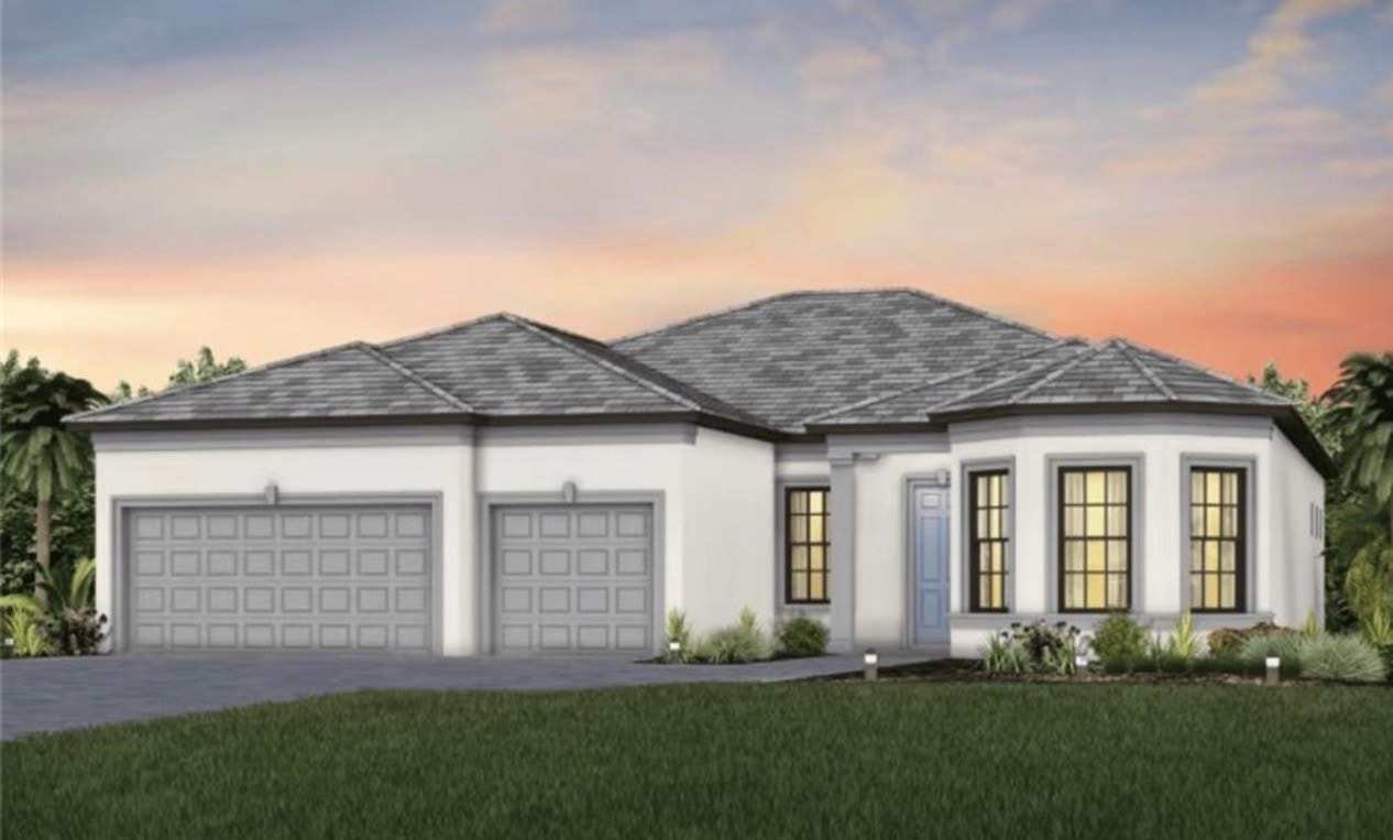 The image showcases a luxurious home exterior featuring a screened-in custom pool surrounded by professional landscaping, with breathtaking views of the golf course. The design includes large outdoor living spaces, perfect for enjoying the resort-style amenities that the Terreno at Valencia community offers.