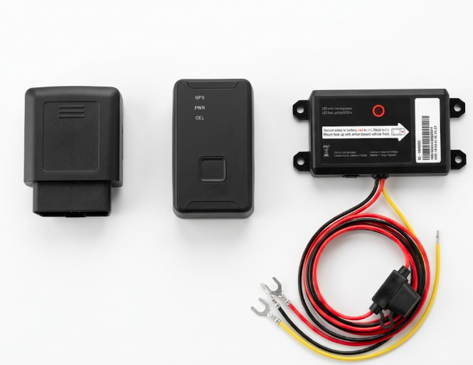 Three types of GPS trackers — OBD-II plug-in, magnetic battery, and hardwired tracker — shown side by side