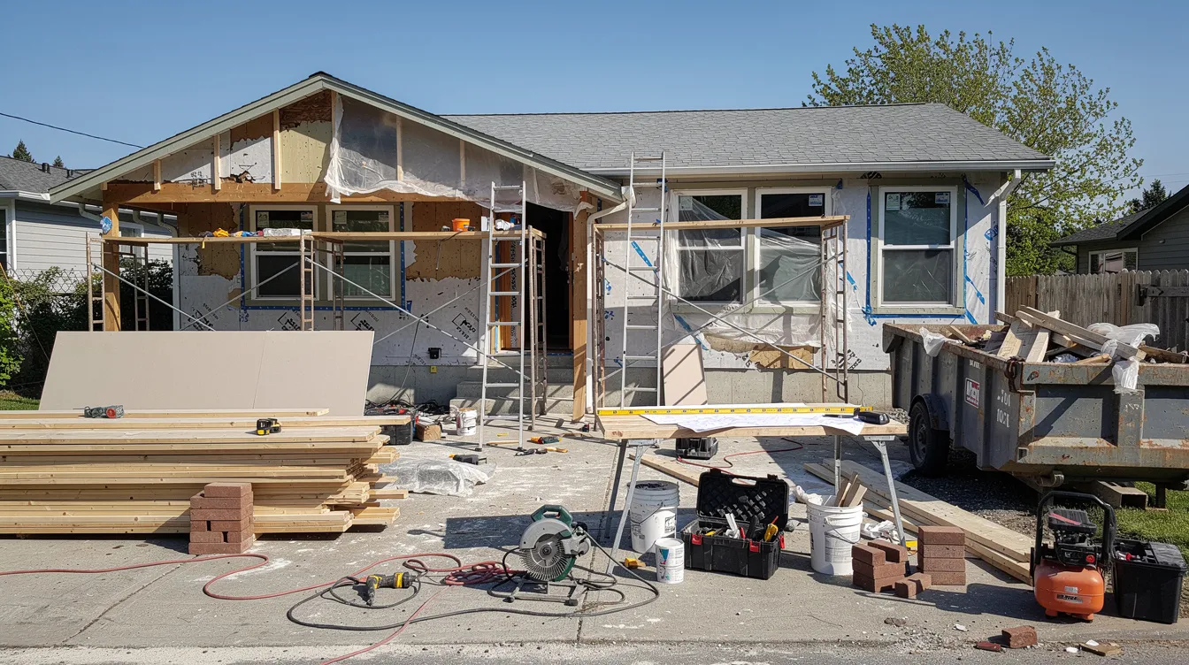 The image shows a house undergoing renovation, with various construction materials and tools scattered around, highlighting the ongoing home improvements. This setting may be relevant for homeowners considering a home equity loan or line of credit to finance their renovation projects