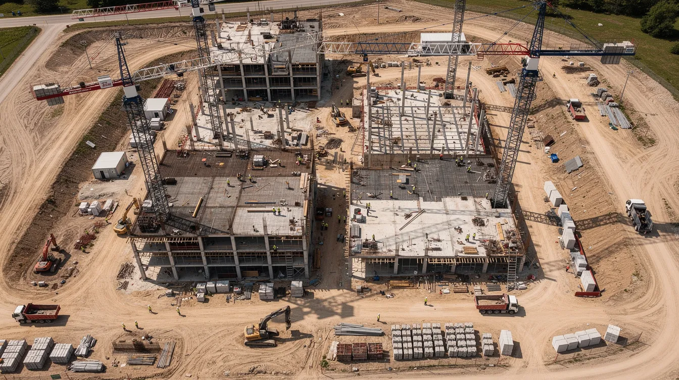 An aerial view of a bustling commercial construction site showcases multiple cranes and worker crews actively engaged in various projects. This scene reflects the dynamic nature of the construction industry, where compliance with building codes and labor laws is essential for successful project delivery.