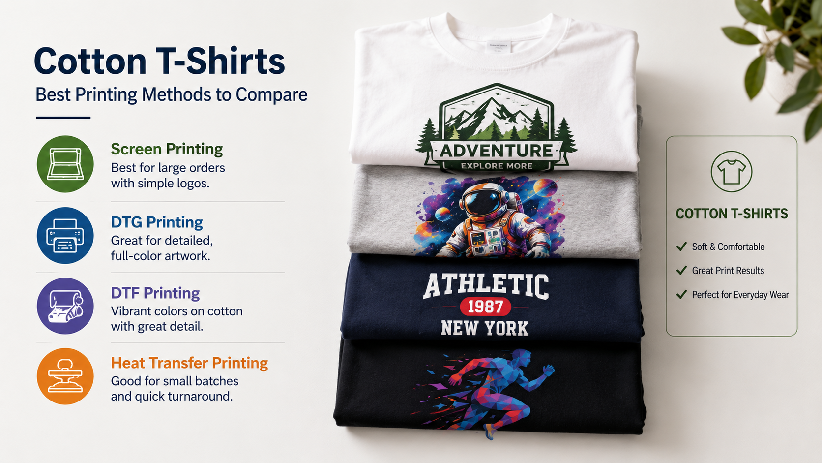 Cotton T-shirts showing compatible printing methods including screen printing, DTG, DTF, and heat transfer