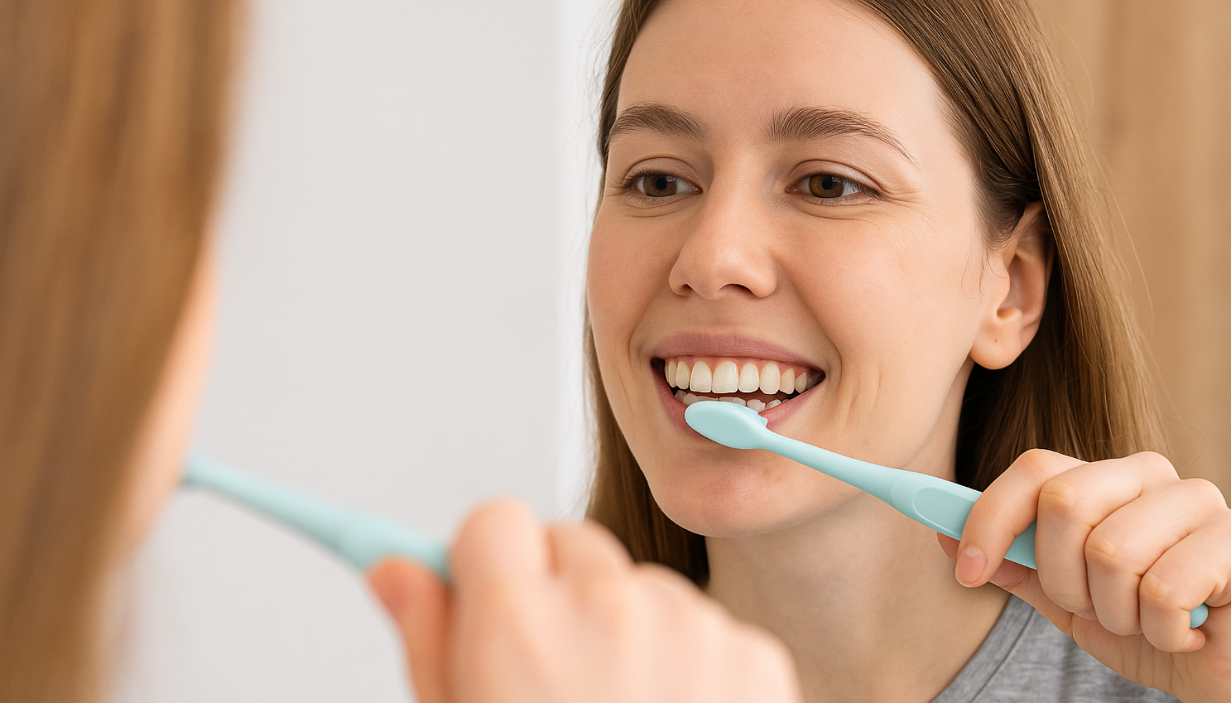 Hvordan Forebygge Tannkjøttbetennelse: En Omfattende Guide 14 Kvinne pusser tennene foran speilet med blå tannbørste for å opprettholde sunt tannkjøtt.