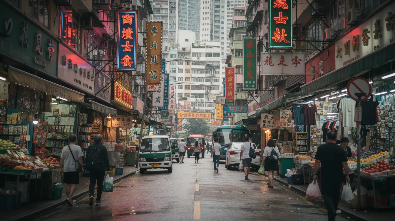 The image depicts a bustling street in Hong Kong filled with small shops and businesses, showcasing the vibrant atmosphere of the commercial district. Various storefronts represent the spirit of 中小企業, highlighting the importance of government資助計劃 for local entrepreneurs.