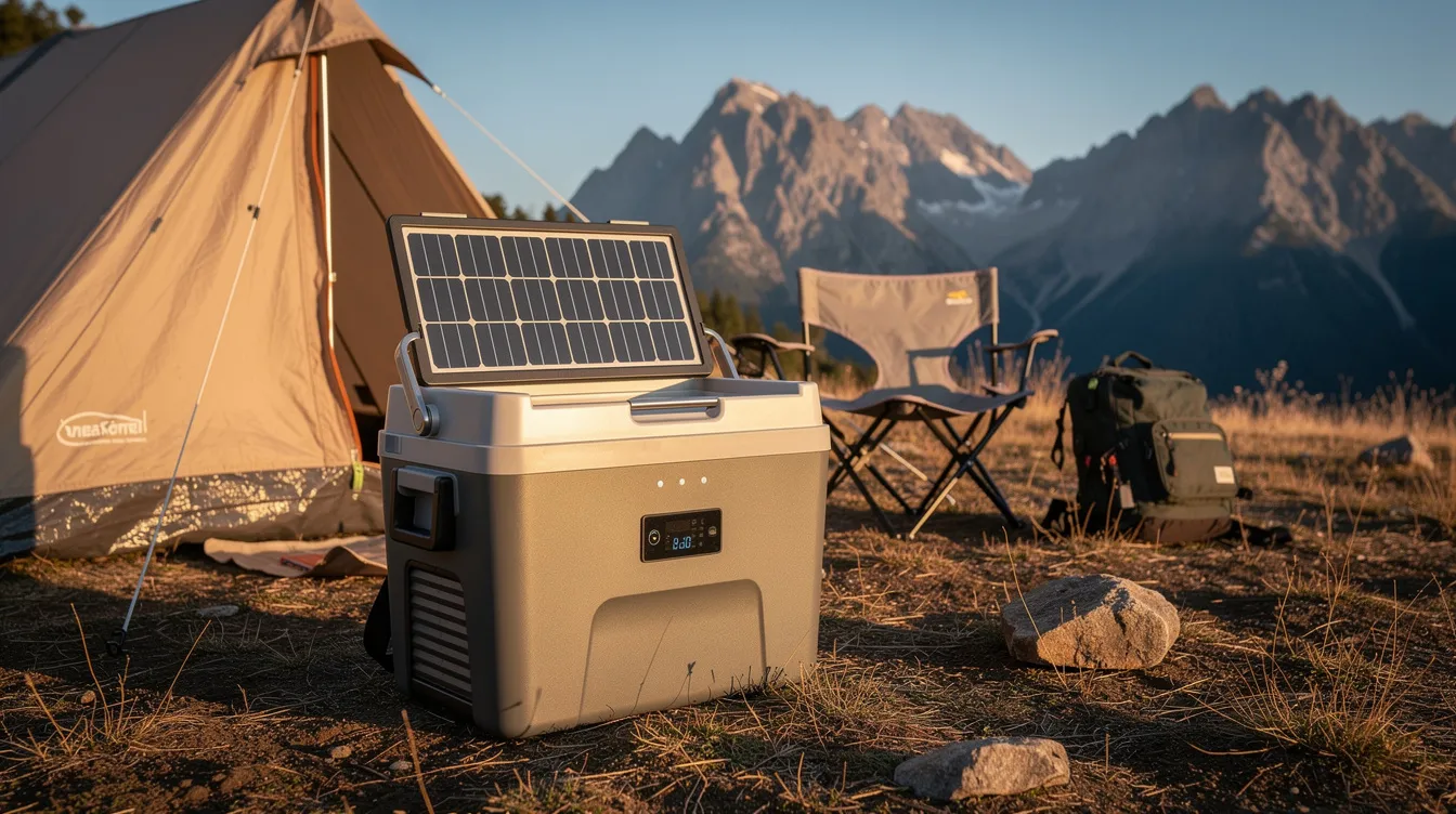 A portable smart cooler equipped with a solar panel is prominently displayed at an outdoor campsite, next to a tent, with majestic mountains in the background. This innovative cooler offers convenient access to cold beverages and fresh food, making it an ideal solution for campers seeking efficiency and customer satisfaction in remote locations.