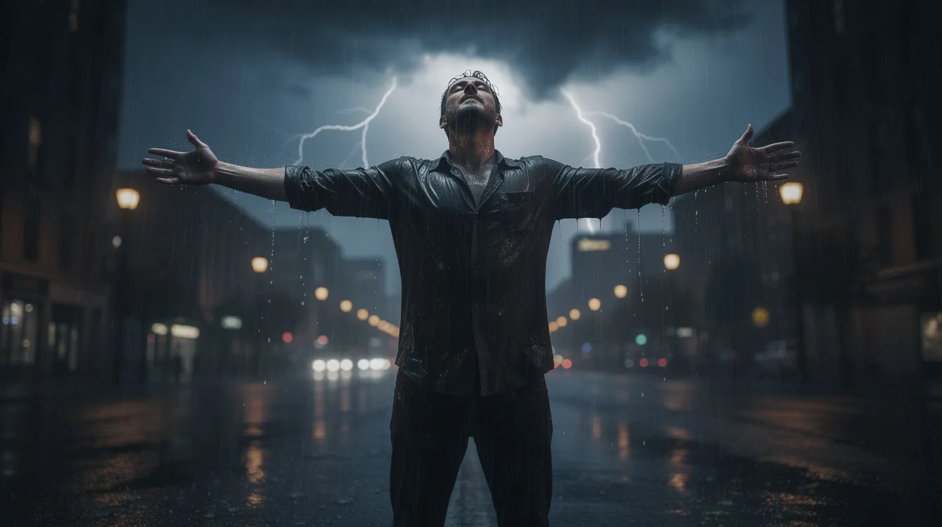 Ein Mann steht mit ausgebreiteten Armen im strömenden Regen bei Nacht, während Blitze den Himmel erhellen, was an die ikonische Szene aus "Die Verurteilten – The Shawshank Redemption" erinnert. Diese Darstellung symbolisiert Hoffnung und Freiheit, die zentrale Themen des Films sind.
