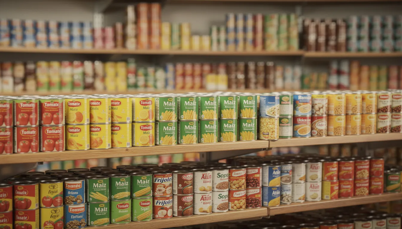 Estantes de despensa repletos de latas de conservas de diversos colores y tamaños, organizadas en filas, que ofrecen una amplia gama de alimentos envasados, ideales para la conservación y el almacenamiento a largo plazo. Los envases reflejan diferentes productos, como verduras y frutas, listos para ser utilizados en la preparación de platos.