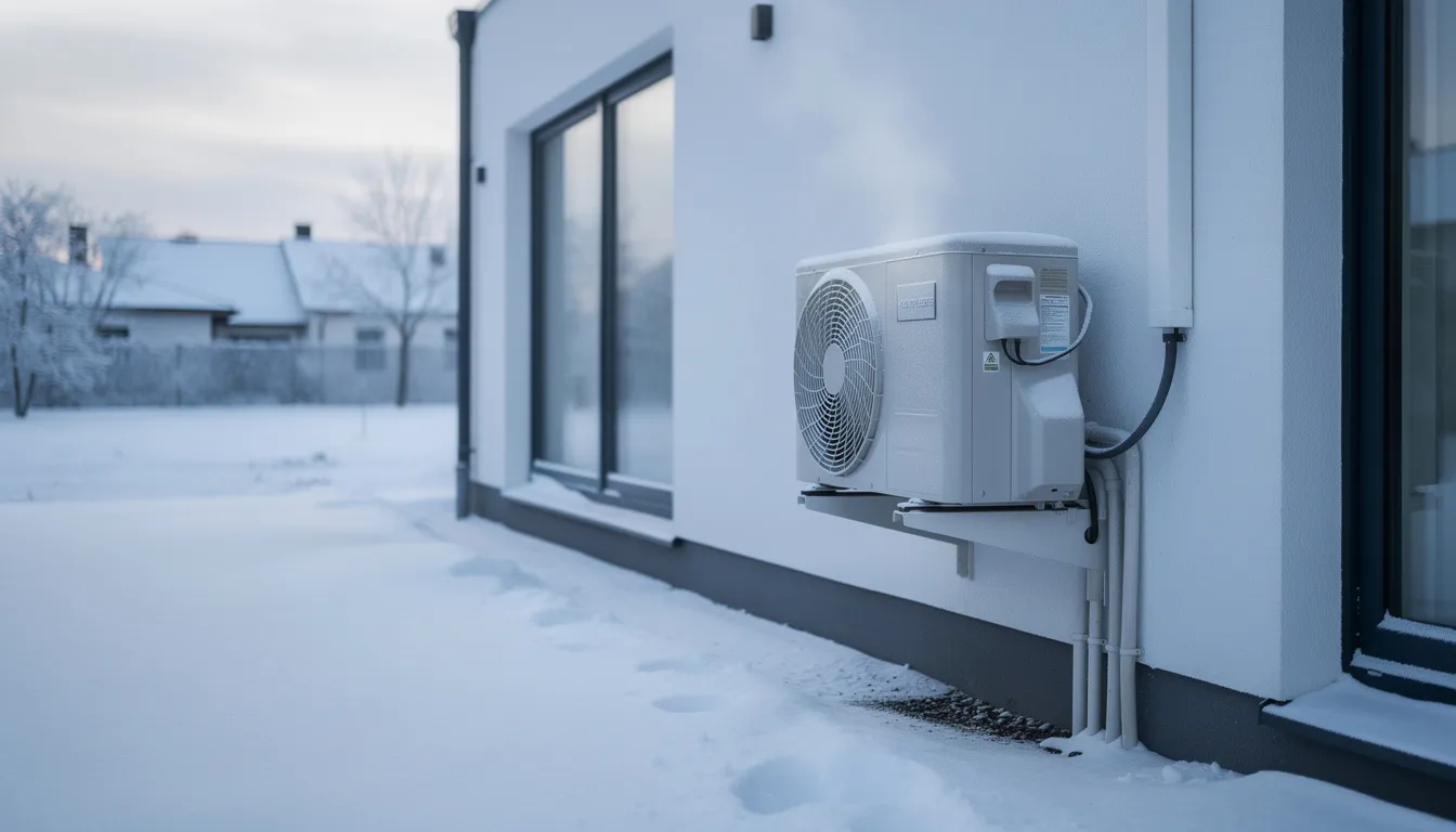 Na zdjęciu widać jednostkę zewnętrzną pompy ciepła zamontowaną przy ścianie nowoczesnego domu jednorodzinnego, pokrytego śniegiem. To ekologiczne rozwiązanie, które wspiera ogrzewanie budynku w zimowych warunkach, podkreślając znaczenie odnawialnych źródeł energii dla ochrony środowiska naturalnego.