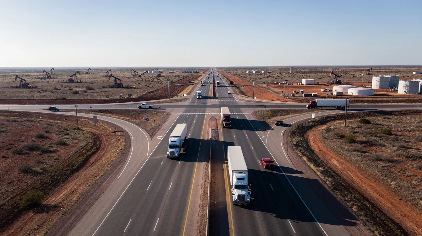 An aerial view showcases a sprawling Texas highway intersection surrounded by oil fields, where large commercial trucks are seen navigating the flat terrain that extends to the horizon. This scene highlights the trucking industry’s significance in Midland, Texas, and the potential risks associated with truck accidents on such busy routes.