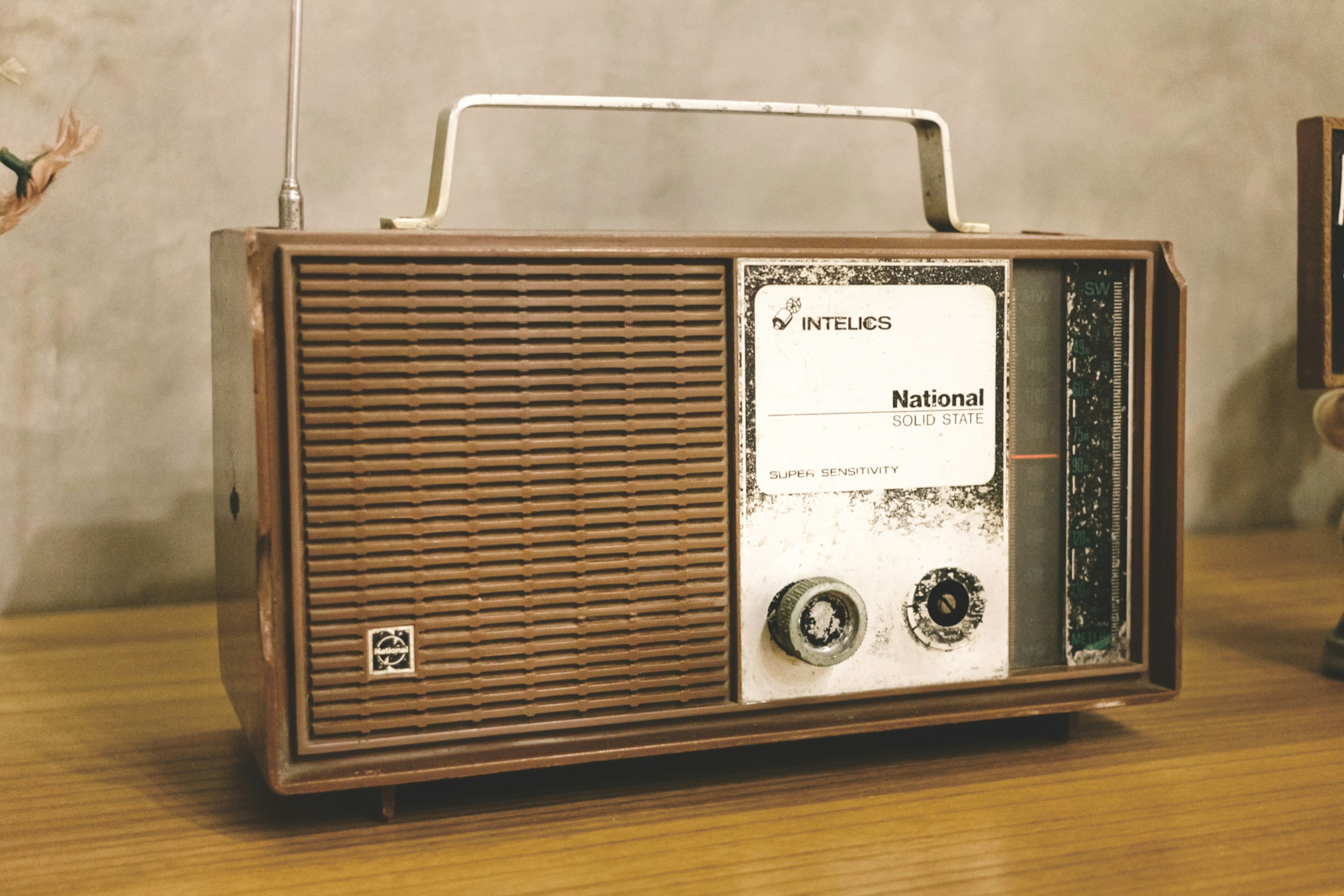 A radio on a table.