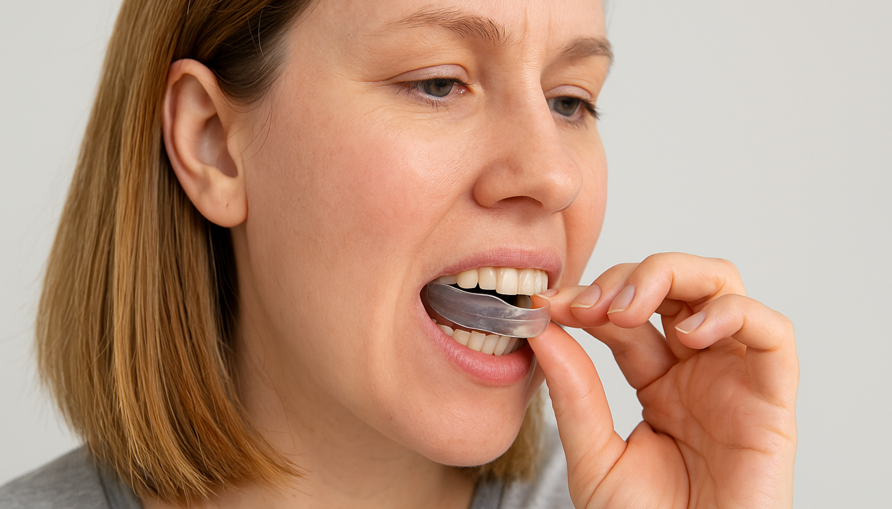 Kvinne setter inn en gjennomsiktig bittskinne for å beskytte tennene mot tanngnissing og lindre kjevesmerter.
