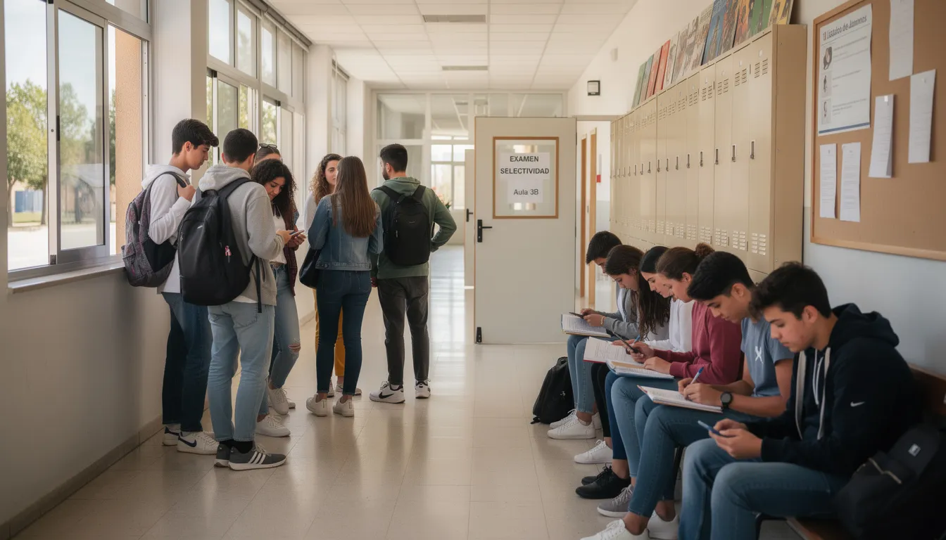Un grupo de alumnos est&aacute; esperando en un pasillo para entrar al aula y realizar el examen de selectividad, prepar&aacute;ndose para la prueba que determinar&aacute; su acceso a la universidad. Algunos de ellos revisan sus materiales de estudio, mientras otros conversan sobre los ejercicios de las distintas asignaturas.