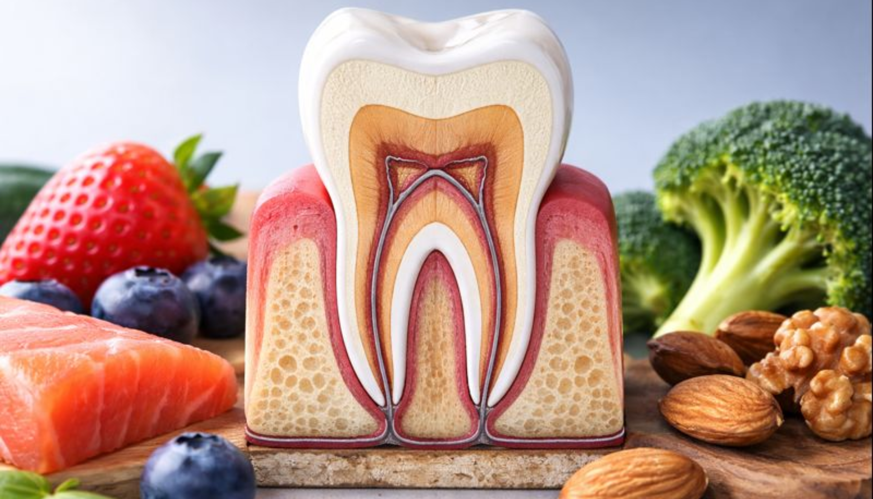 Tann: Mer Enn Bare Emalje – Bygget for Hele Livet 12 Tverrsnitt av en tann omgitt av frukt, grønnsaker, nøtter og laks, som symboliserer helhetlig tannhelse og ernæring.