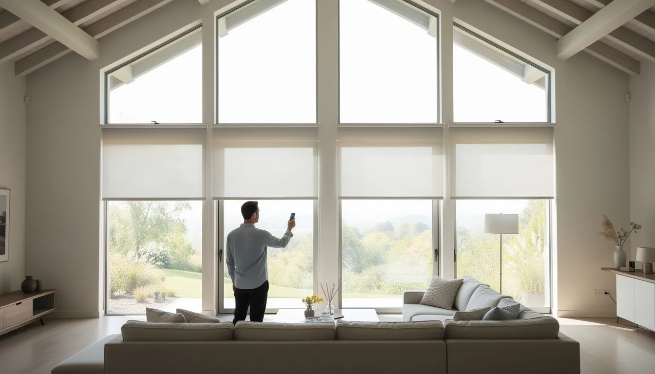 A person stands in a spacious great room, using a handheld remote to lower motorized shades on tall cathedral windows, allowing natural light to filter in while controlling glare. The beige walls and high ceiling create an airy atmosphere, enhanced by the sleek design of the window treatments that emphasize the room's ceiling height.