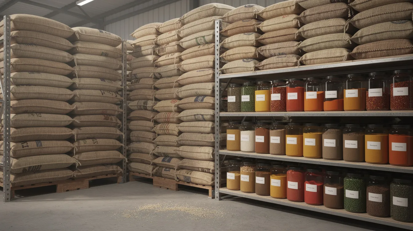 01571426 1f88 41ce b52c 90a70a9b2f14 The image shows a warehouse storage area filled with stacked burlap bags of rice alongside various spice containers, highlighting the raw materials essential for poha manufacturing. This setup reflects a profitable business environment, emphasizing the importance of market demand and efficient operations in the food processing industry.