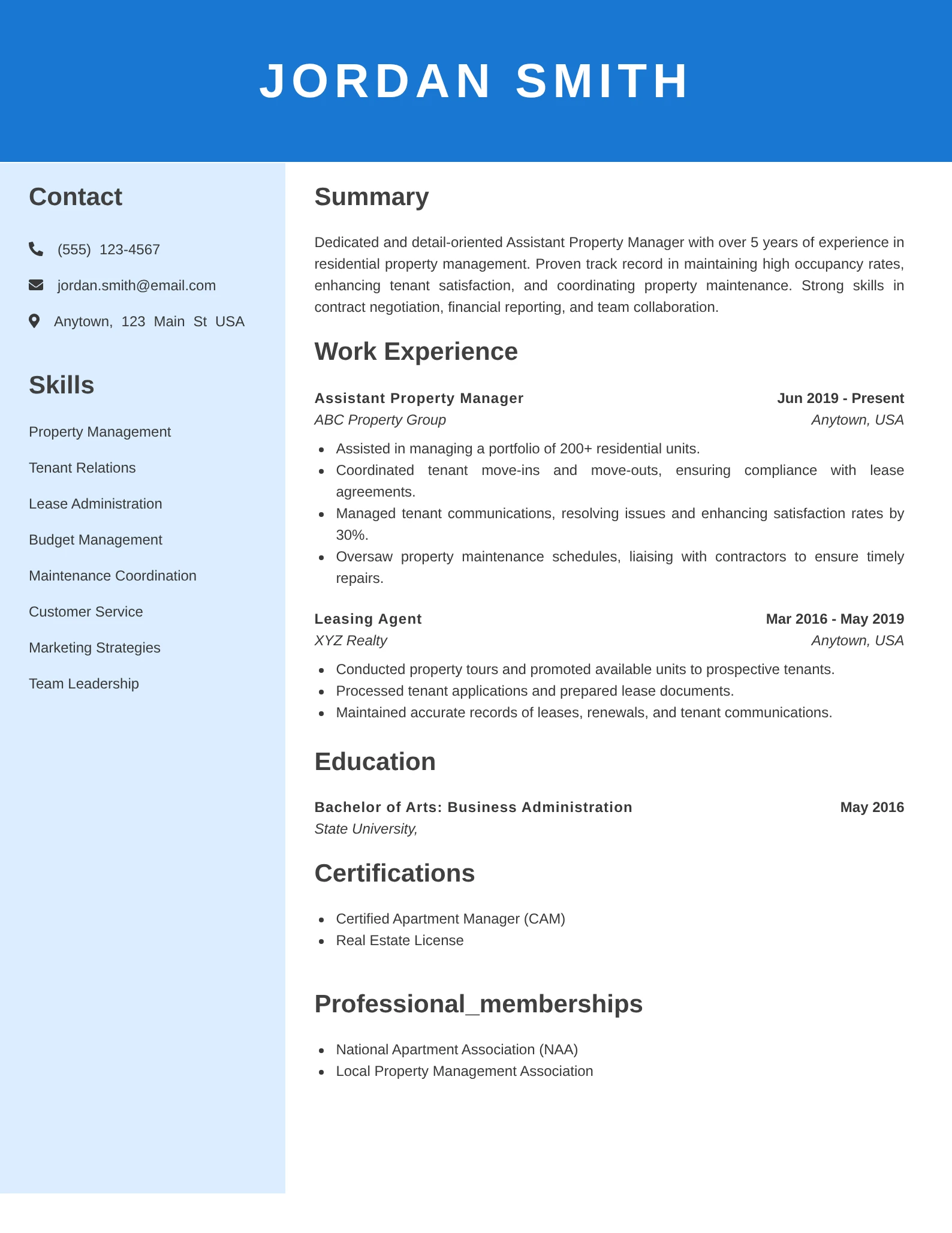 A clean, modern resume layout featuring the name "Jordan Smith" at the top in bold white text on a blue background. The left column lists contact details and skills, while the right section includes a professional summary, work experience, education, certifications, and professional memberships in a structured, easy-to-read format.