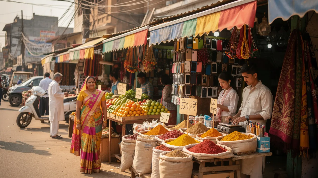 The image depicts a vibrant Indian marketplace bustling with diverse small business owners, each proudly showcasing their stalls filled with various goods. This scene highlights the entrepreneurial spirit, with many of these micro enterprises potentially benefiting from financial assistance, such as mudra loans, to enhance their business operations and cash flow.
