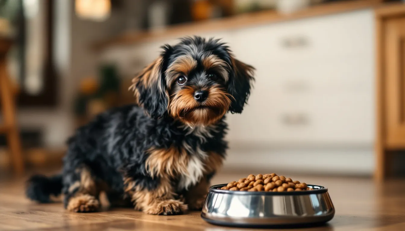 A small Russian Tsvetnaya Bolonka dog is enjoying high-quality gourmet dog food from a polished ceramic bowl in a cozy kitchen, featuring warm lighting and natural wood floors. The dog, with its soft, long, wavy coat in black and brown, has a petite build, expressive round eyes, and a fluffy halo of fur, embodying the charm of this beloved companion breed.