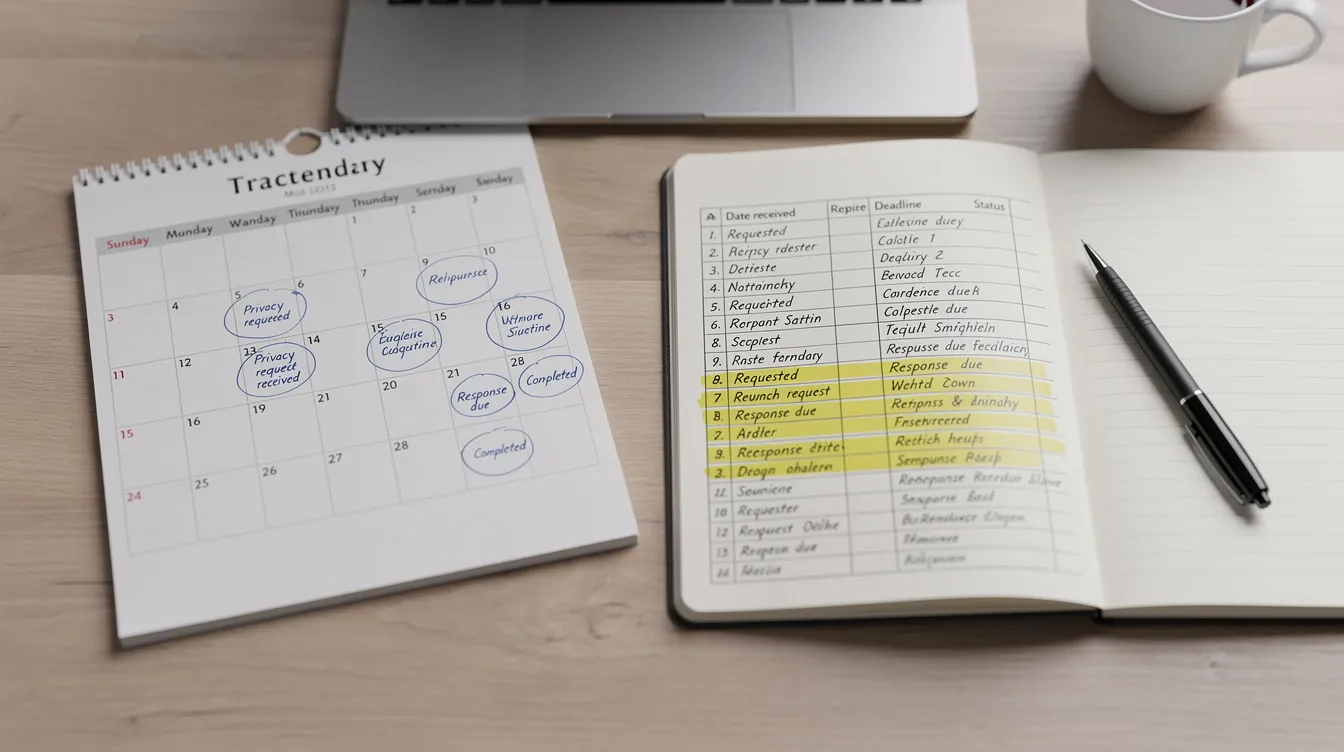 The image depicts a calendar and a notebook on a desk, illustrating the tracking of important privacy request dates, such as deletion requests and opt-out deadlines for sensitive personal information. It emphasizes the organization of consumer requests related to marketing data and privacy notices.