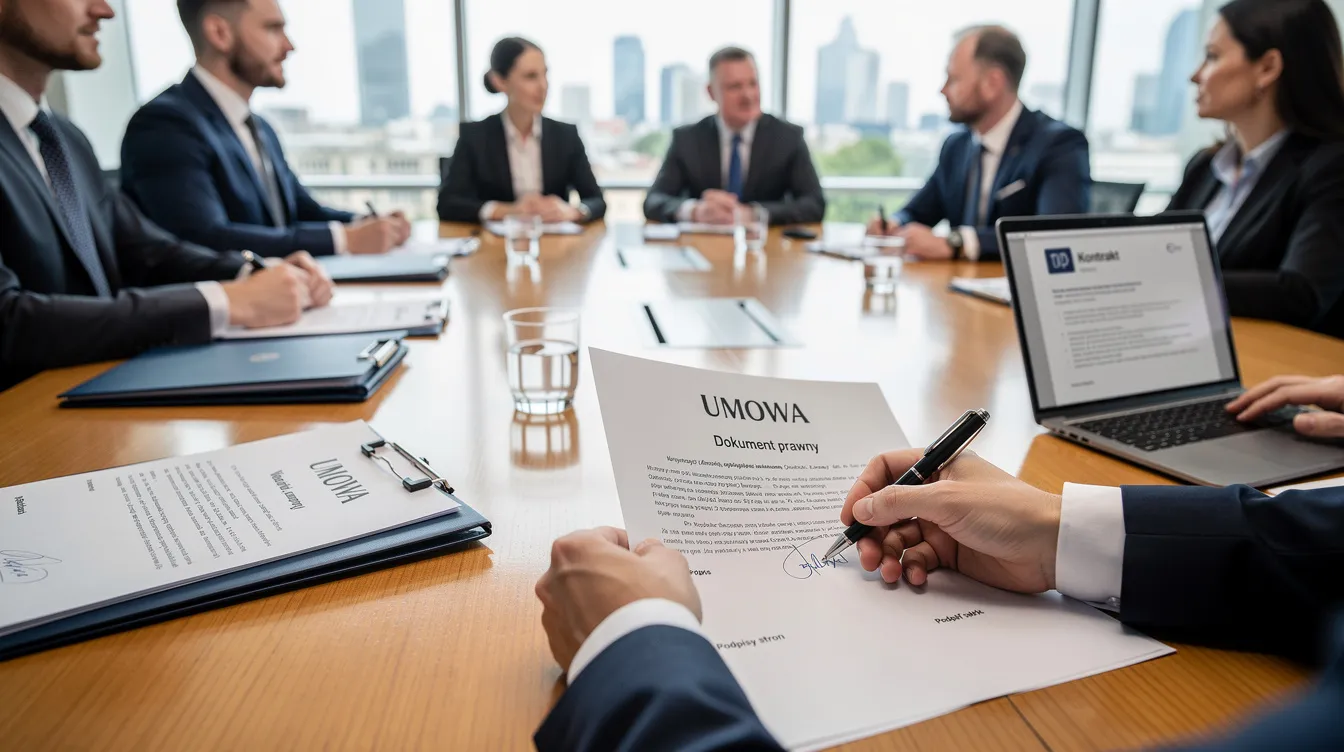 Na zdjęciu widoczna jest grupa osób siedzących przy stole konferencyjnym, które podpisują dokumenty prawne. Atmosfera jest profesjonalna, a na stole znajdują się różne materiały, co sugeruje przygotowanie do ważnych decyzji biznesowych oraz dążenie do budowania trwałych relacji z klientami.