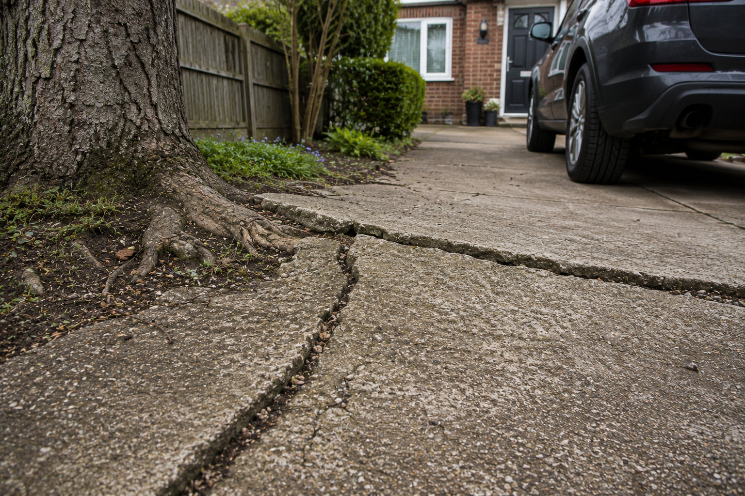 Tree roots lifting and cracking a concrete driveway beside a parked vehicle outside a UK home