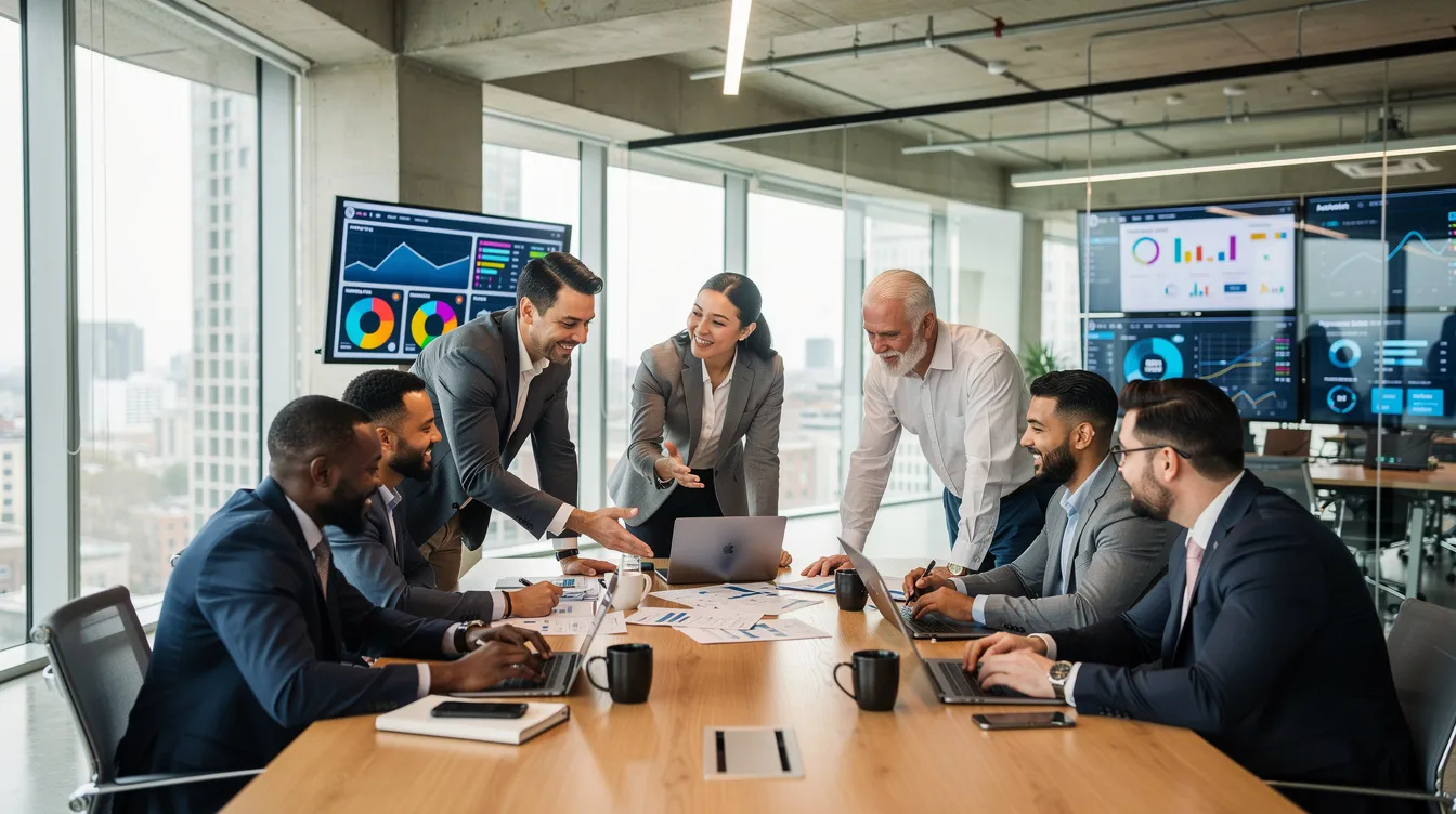 Une équipe diversifiée de professionnels collabore autour d'une grande table dans un bureau moderne à aire ouverte, avec des écrans numériques en arrière-plan. Cette scène illustre l'importance de la collaboration et de la culture de l'innovation en entreprise, où chacun participe à la création de nouvelles idées et à l'amélioration des processus.