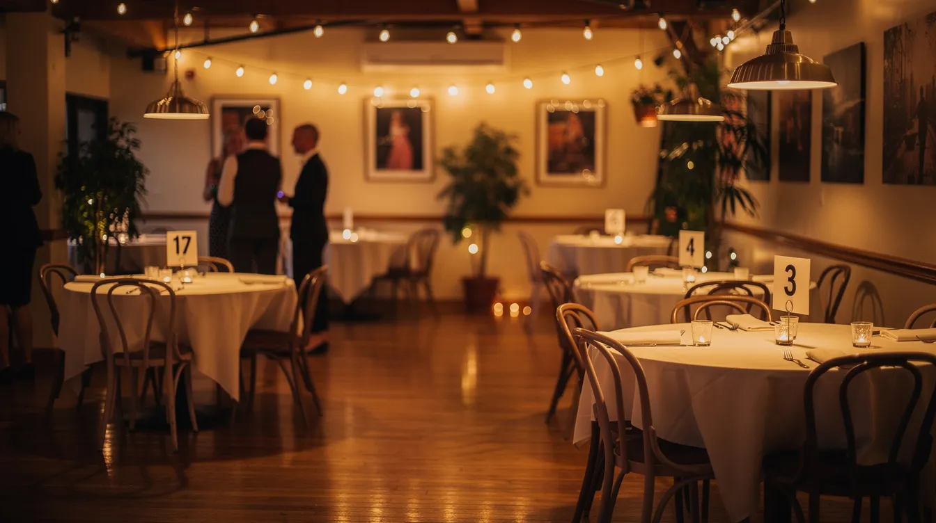 The image depicts a cozy venue with small tables neatly arranged for a speed dating event, creating an inviting atmosphere for participants looking to make meaningful connections. The warm lighting and intimate setup suggest a focus on fostering genuine relationships among attendees.