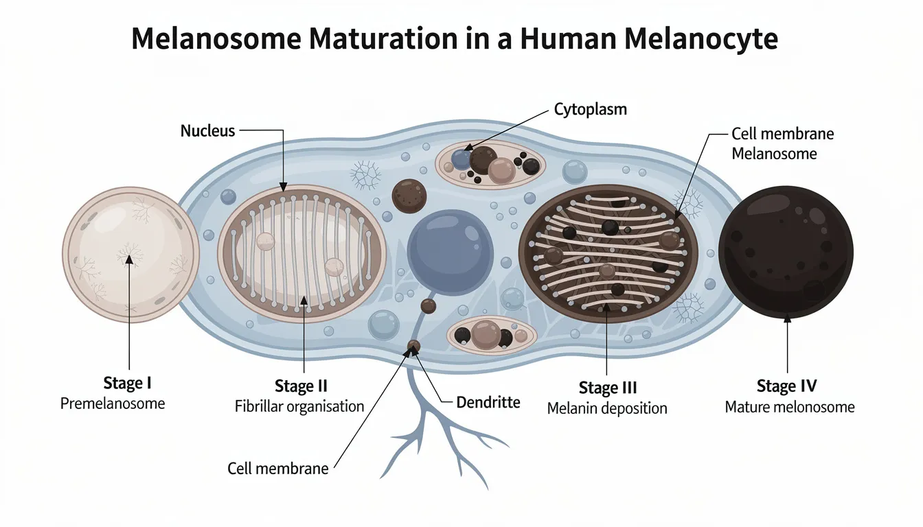 The image is a detailed cross-section diagram illustrating the four stages of melanosome maturation within a melanocyte, highlighting the process of melanin production and its impact on skin pigmentation. This diagram is essential for understanding how skin conditions, such as pigmentation disorders and dark spots, can develop in response to factors like sun exposure and skin damage.