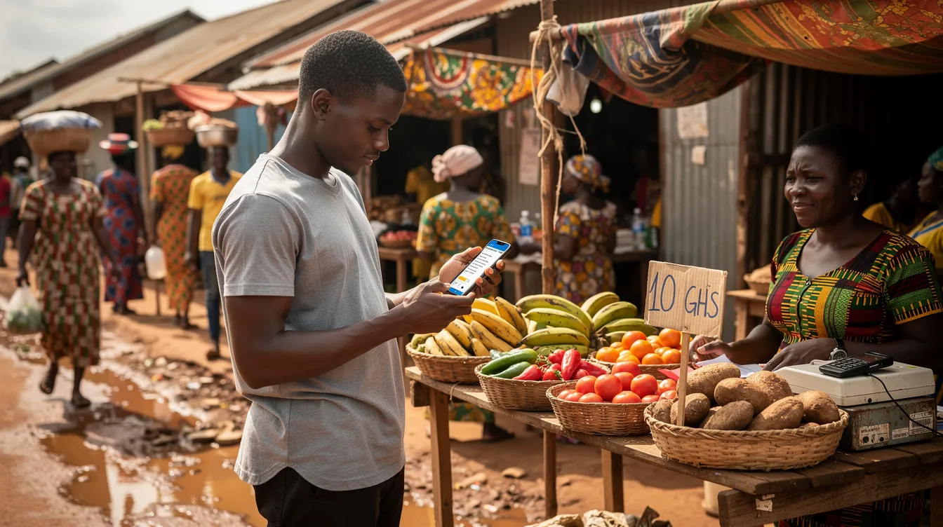 In a bustling Ghanaian market town, a person is using a smartphone to make a mobile payment at a vendor stall, showcasing the rise of mobile money services and digital payments in everyday transactions. This scene highlights the convenience of mobile wallets in Ghana, allowing users to securely transfer money and engage with small businesses.