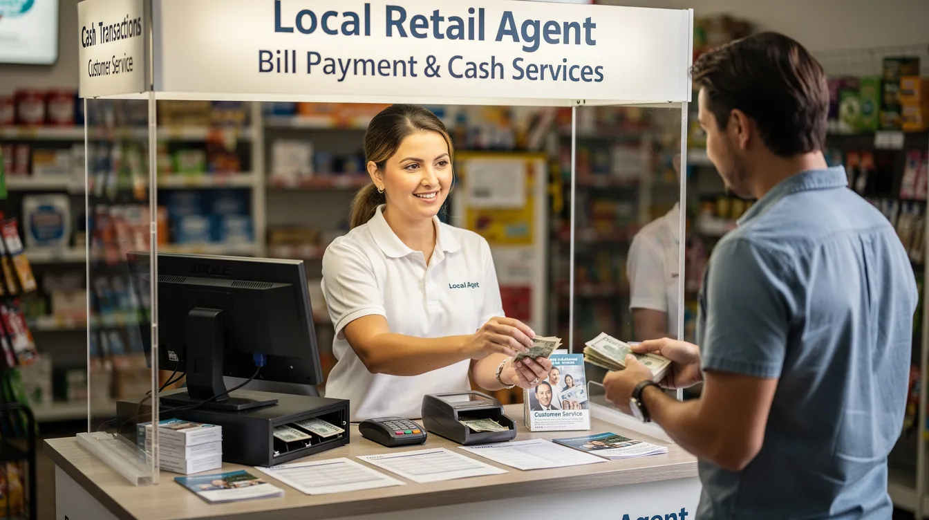 A local retail agent booth is shown, featuring a prominent banner and signage related to cash transactions, as an agent assists a customer with a payment. The booth is equipped with a display screen, highlighting features of the bkash wallet service for processing money efficiently.