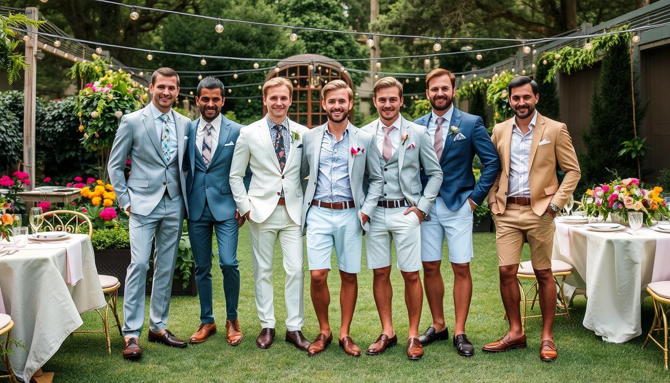 a group of men posing for the camera at an outdoor wedding, outdoor wedding dress code for guys, beach wedding attire for men