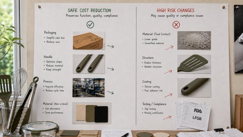 A value-engineering board separating useful cost reductions from changes that create quality or compliance risk.