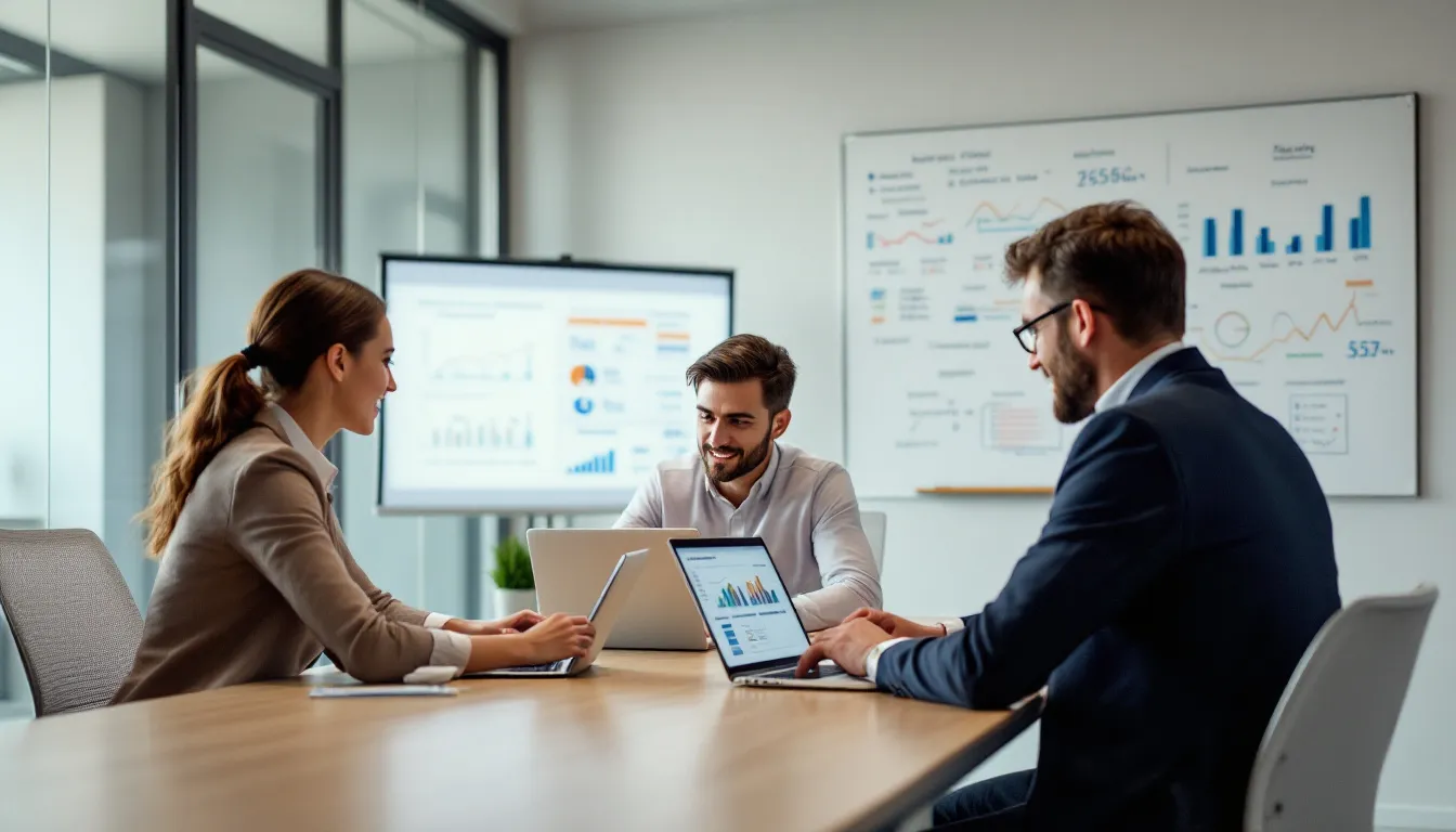 In a modern office setting, a hotel revenue management team is focused on analyzing data displayed on multiple computer screens, discussing strategies to boost hotel profit margins and improve overall profitability. The team is engaged in evaluating various revenue streams, including room revenue and ancillary revenue, to enhance the financial health of the hotel industry.