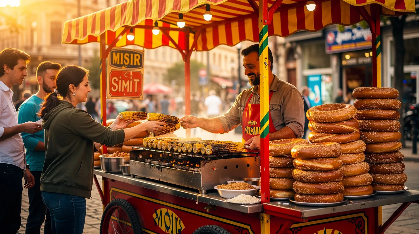 A vibrant Turkish street food stall showcases grilled corn and simit bread rings, with customers eagerly enjoying the local delicacies. This bustling scene reflects the lively atmosphere of Turkey's markets, where cash is often preferred and euros in Turkey may be accepted, but it's wise to use the official currency, the Turkish lira, for the best exchange rates.