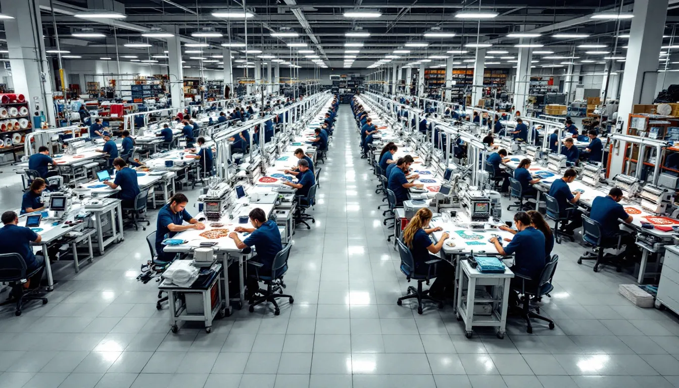 The image shows a bustling custom sequin shirt production facility in the Netherlands, where workers are skillfully operating embroidery machines to create colorful shirts for customers' orders. The environment is filled with various products and materials, highlighting the intricate process of crafting unique sequin shirts.