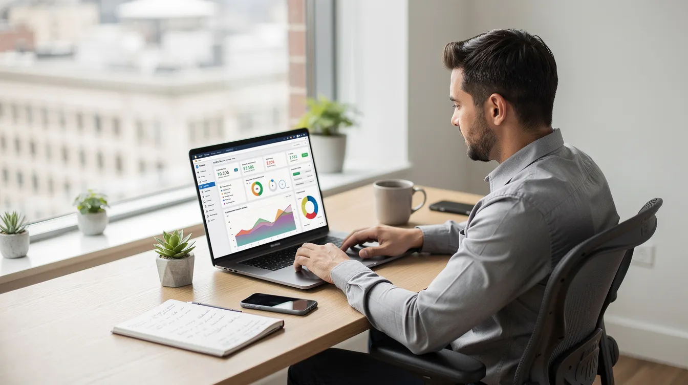A small business owner is seated at a modern office desk, focused on reviewing website analytics displayed on their laptop screen. The environment reflects a commitment to digital marketing strategies, emphasizing the importance of understanding online performance for business growth.