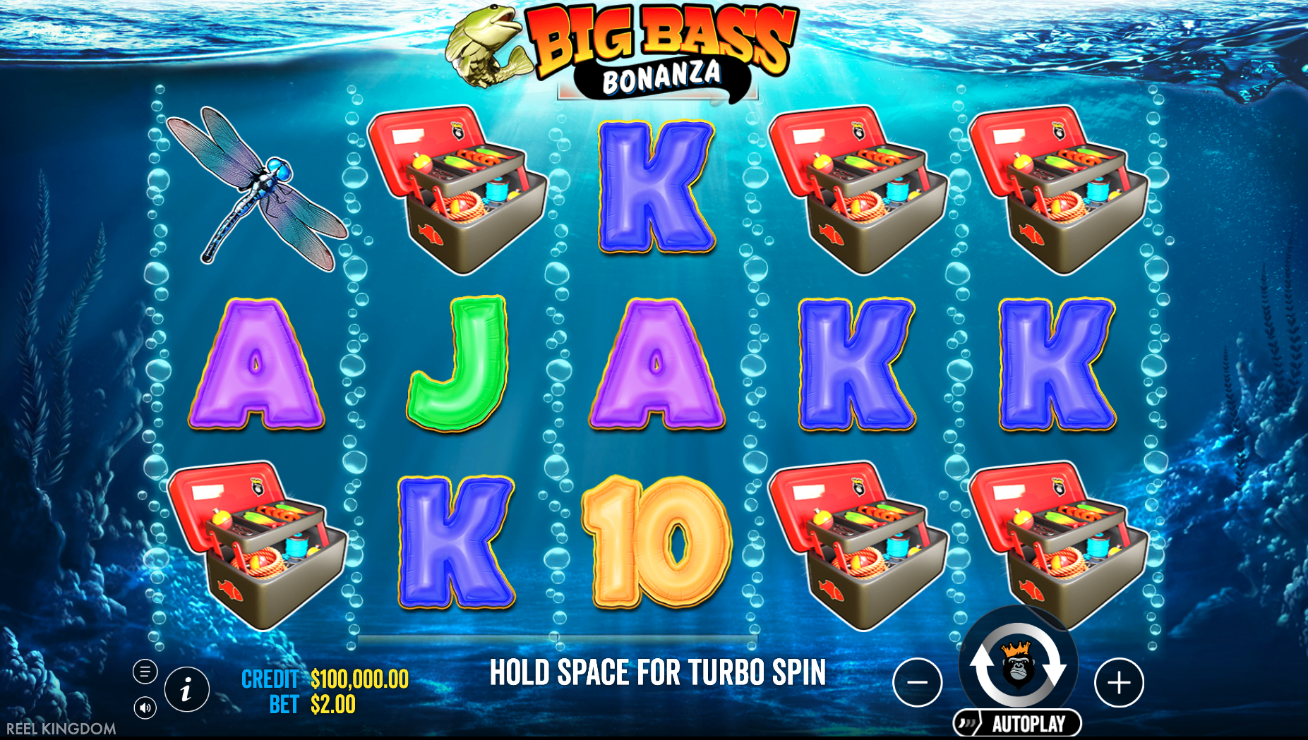 Speelscherm van Big Bass Bonanza met vissymbolen en een onderwaterthema.