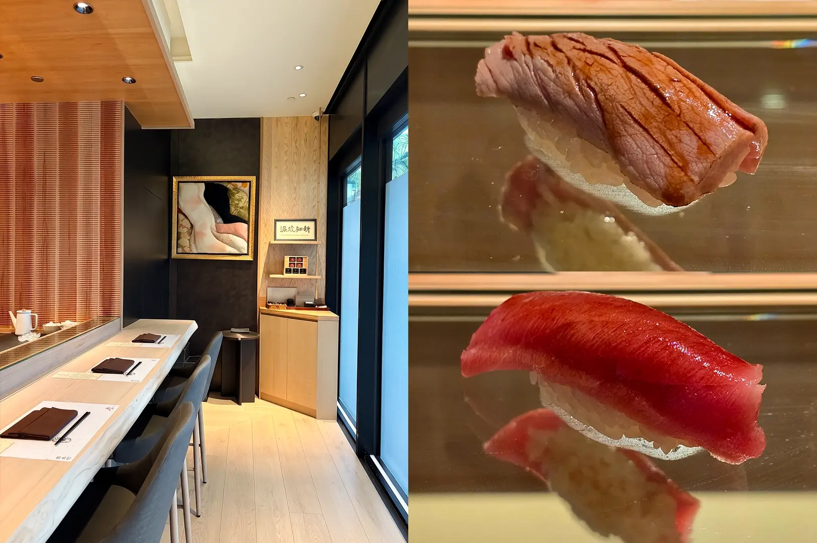 Eye-level wide-angle view. Left: Elegant omakase sushi counter with light wood finishes, high-backed stools, place settings arranged along the counter, framed artwork, and large windows allowing natural light into a refined minimalist dining space. Upper Right: Close-up view of a seared nigiri sushi piece on a reflective counter surface, featuring lightly charred pink fish over compact sushi rice, highlighting delicate texture and glossy finish. Lower Right: Close-up view of tuna nigiri sushi on a reflective counter, showcasing deep red fish with a smooth, glossy surface draped over seasoned rice, emphasizing craftsmanship and premium presentation.