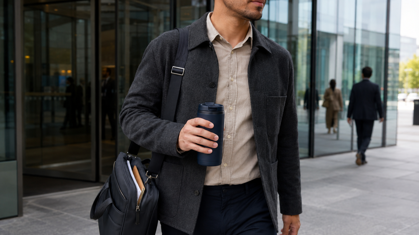 Business commuter carrying a compact travel mug with a closeable lid outside an office building