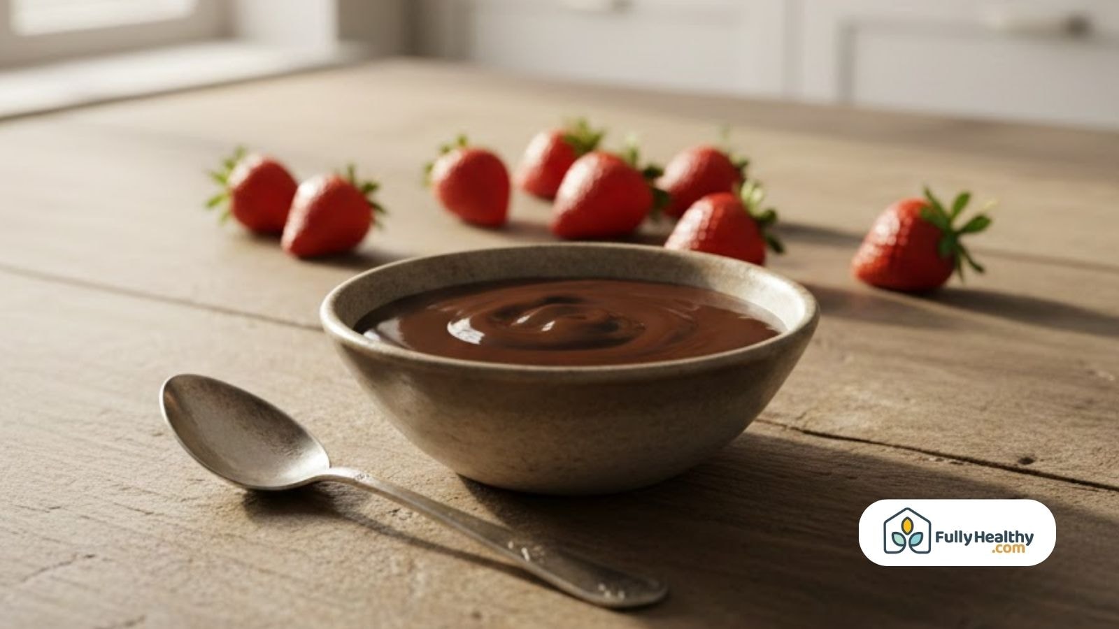 Bowl of chocolate pudding on a wooden table with fresh strawberries in the background and a spoon beside it.