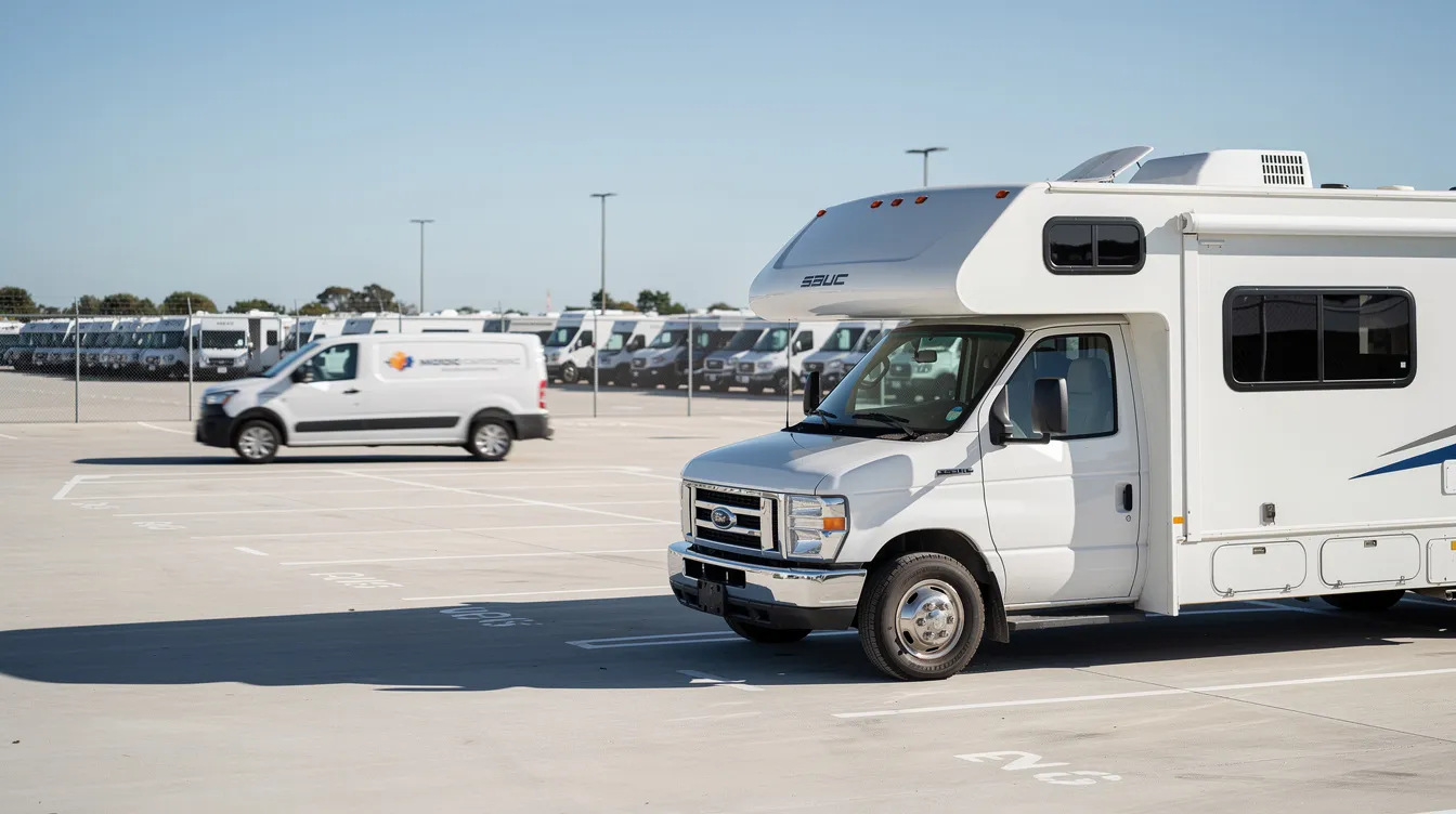 An RV is parked in a storage lot, while a service van approaches in the background, indicating mobile RV repair services are on the way. This scene captures the convenience of having certified technicians available for routine maintenance and repairs, ensuring RV owners are ready for their next camping trip.