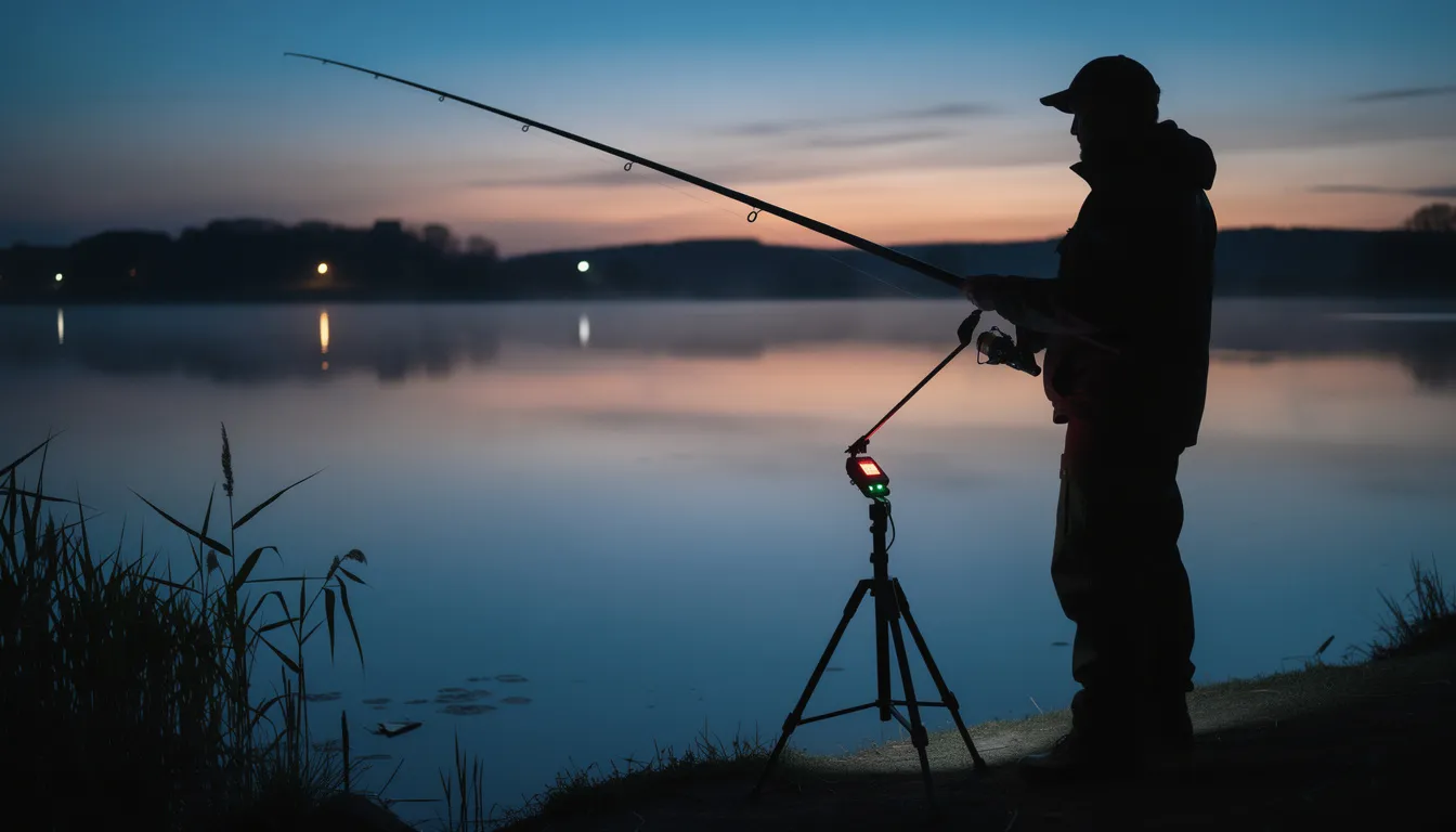 Na obrazie wędkarz stoi nad wodą o zmierzchu, trzymając wędkę sumową i obserwując sygnalizator brań. W tle widać spokojną taflę wody, co tworzy idealne warunki do łowienia suma, a atmosfera sugeruje zbliżający się czas połowu.