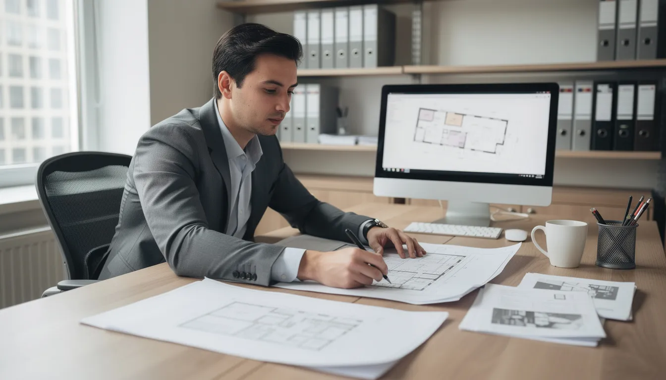 A person is seated at a desk, intently reviewing building plans and documents related to construction projects, including details about boundary fences and building consent requirements. The workspace is organized with various papers and tools, reflecting the importance of ensuring compliance with local council regulations and building codes.